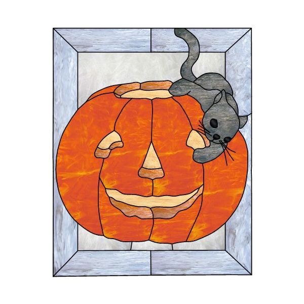 Patron pour vitrail " Potiron et chat ". Format 185mm x 230mm